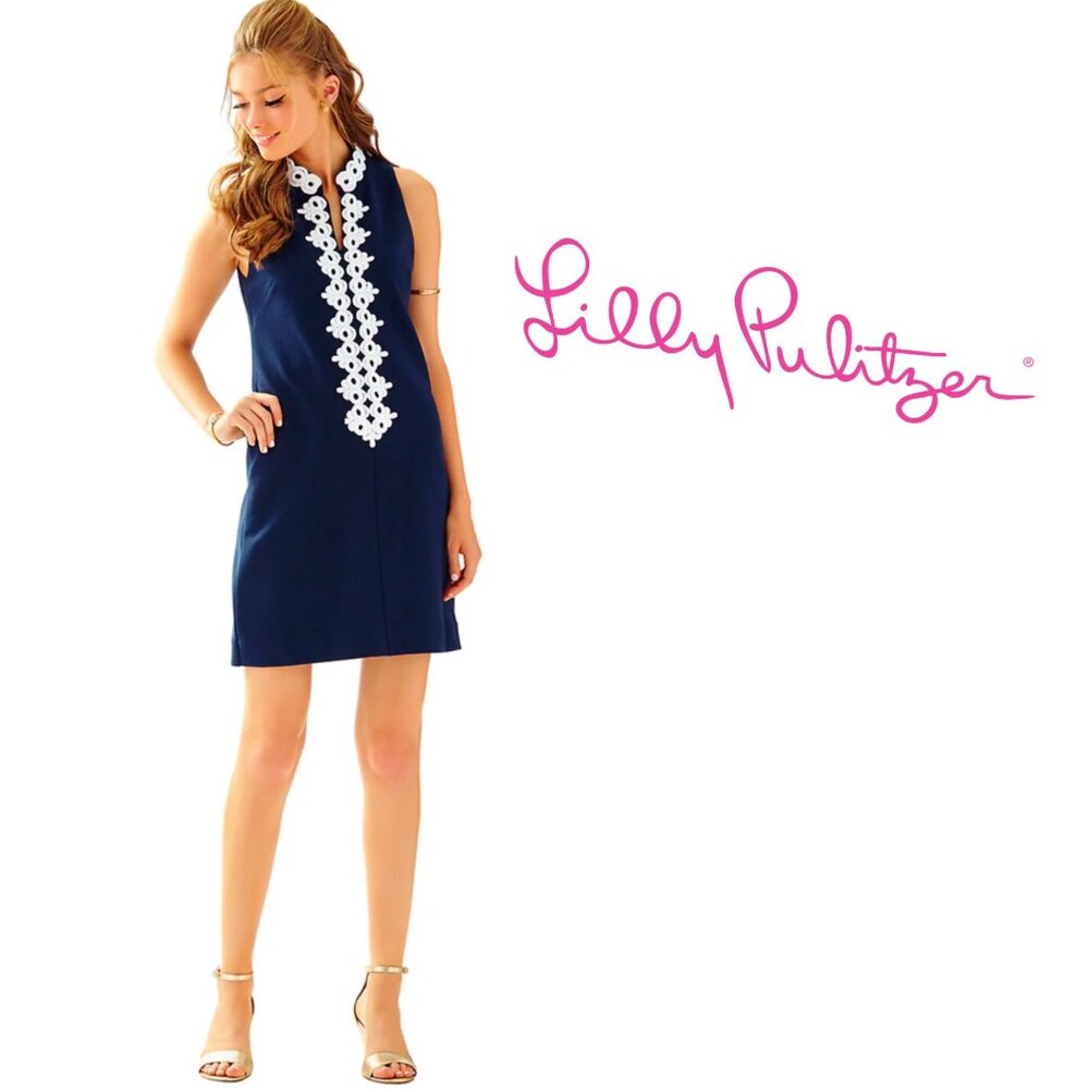 Lilly Pulitzer Blue Shift Dress XS Mini White Ottoman Callista Sleeveless V Neck